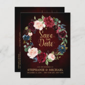 Bourgogne Rode Marine Bloemen Rustieke Boho Save t Aankondigingskaart (Voorkant / Achterkant)