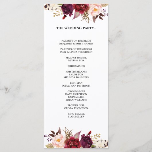 Bourgogne Rode Marsa Bloemen Rustieke Boho Program Programma (Achterkant)