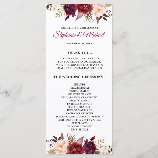 Bourgogne Rode Marsa Bloemen Rustieke Boho Program Programma (Voorkant)