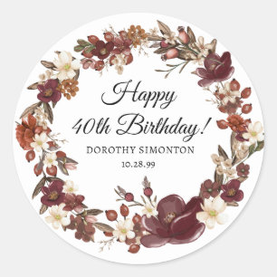 Bourgogne Rode Mauve Herfst Bloemen 40e Verjaardag Ronde Sticker