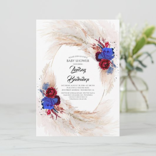 Bourgogne Rode Navy Blauw Pampas Grass Baby shower Kaart (Staand voorkant)