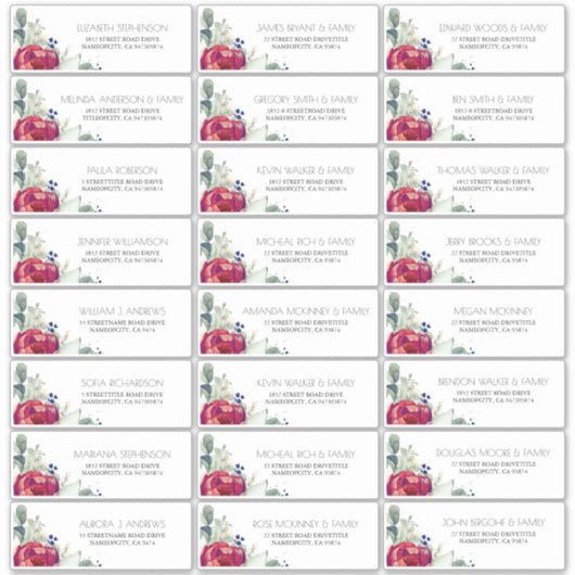 Bourgogne Rode Pioen Navy Gastennamen Adresetikett Sticker (Voorkant)