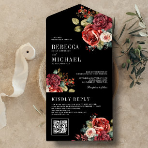 Bourgogne Rode Rozen Bloemen QR Code Zwart Bruilof All In One Uitnodiging
