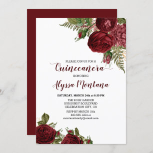 Bourgogne Rode Rozen Bloemen Quinceanera Uitnodigi Kaart