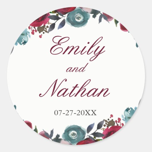 Bourgogne Rode Waterverf Bloemen Bruiloft Sticker (Voorkant)