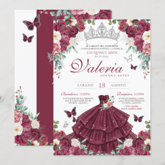 Bourgogne Rode & Zilveren Vlinder Bloemen Quinceañ Kaart