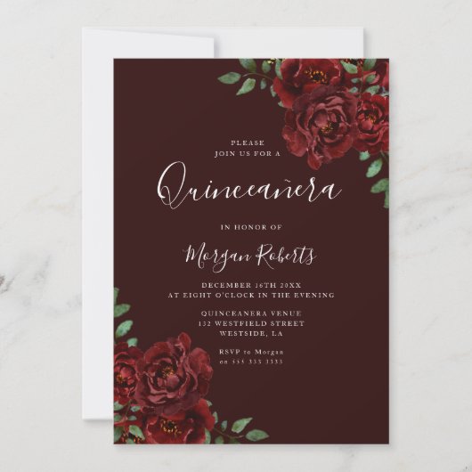 Bourgogne Romantische Rode Rozen Quinceanera Party Kaart (Voorkant)