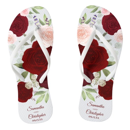 Bourgogne Rood & Blush Roze Boho Rozen bruiloft Teenslippers (Voetbed)