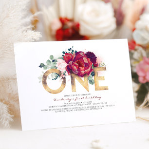 Bourgogne Rood en Goud Bloemen 1e Verjaardag Kaart