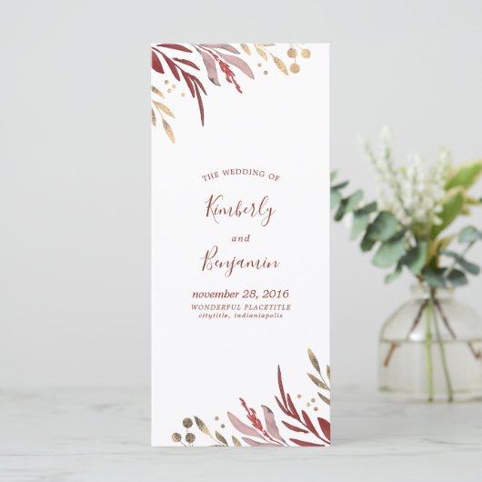 Bourgogne Rood en Goud Elegante Trouwprogramma's Programma (Staand voorkant)