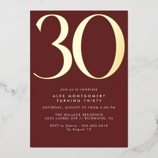 Bourgogne rood en goud | Luxe Maroon 30e verjaarda Folie Uitnodiging (Voorkant)