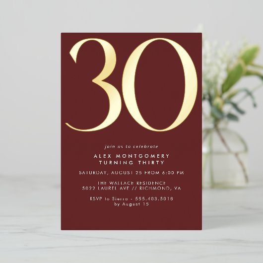 Bourgogne rood en goud | Luxe Maroon 30e verjaarda Folie Uitnodiging (Staand Voorkant)