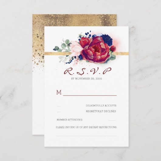 Bourgogne Rood en Navy Blauw Bloemenbruiloft RSVP (Voorkant / Achterkant)