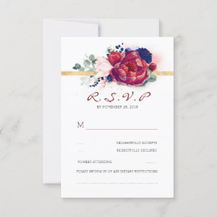 Bourgogne Rood en Navy Blauw Bloemenbruiloft RSVP Kaartje