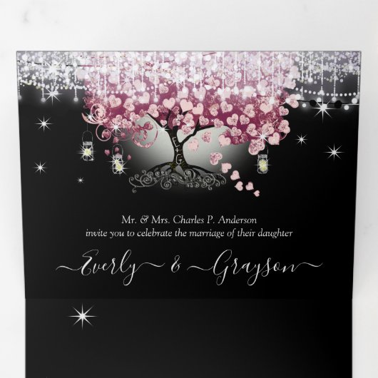 Bourgogne Rood en Roze Heart Blauwboom Weddenschap Drieluik Uitnodiging (Binnenzijde eerst)