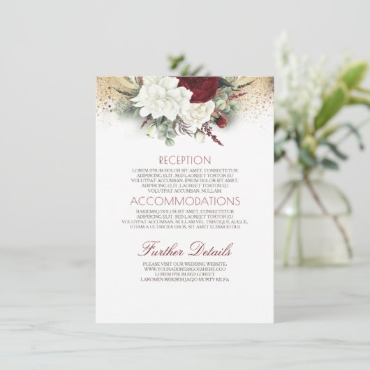 Bourgogne Rood en Wit Bloemen Bruiloft Informatie Informatiekaartje (Staand voorkant)