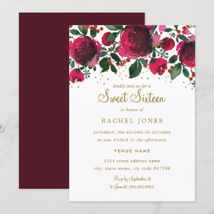 Bourgogne Rood Goud Bloem Sweet Sixteen Birthday Kaart