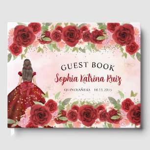 Bourgogne Rood Goud Bloemen Prinses Quinceañera Gastenboek