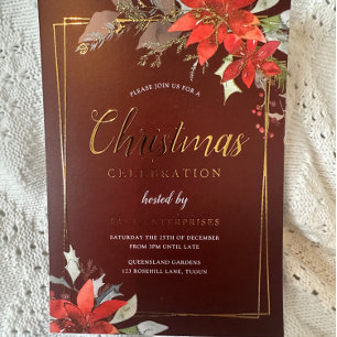 Bourgogne Rood Gouden Lijst Kerstfeest Folie Uitnodiging