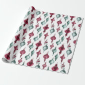 Bourgogne Rood Groene Kerst Ornamenten Cadeaupapier (Uitgerold)