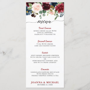Bourgogne Rood Navy Blauw Waterverf Floral Boho Menu