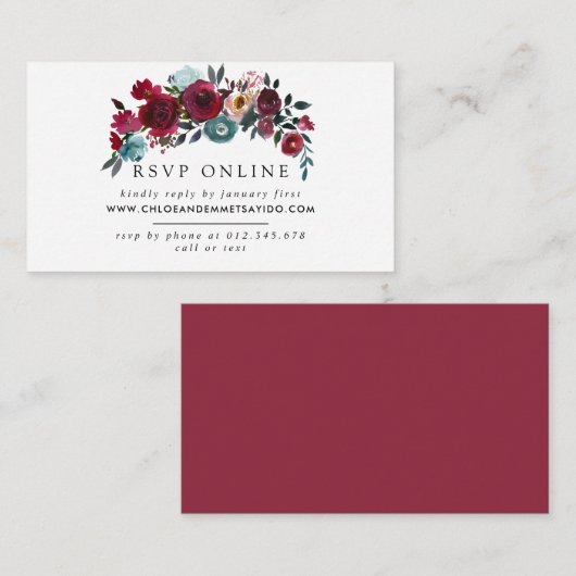 Bourgogne Rood Roze Bloemen Bruiloft Website RSVP Informatiekaartje (Voorkant / Achterkant)