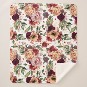 Bourgogne Rood Sinaasappel Bloemen Herfst Patroon  Sherpa Deken