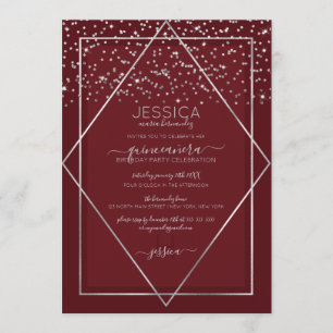 Bourgogne Rood Zilver Confetti Border Quinceañera Kaart