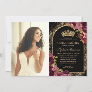Bourgogne Rood Zwart Goud Bloemen Foto Quinceanera Kaart