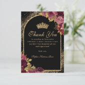 Bourgogne Rood Zwart Goud Glitter Floral Quinceane Bedankkaart (Staand voorkant)