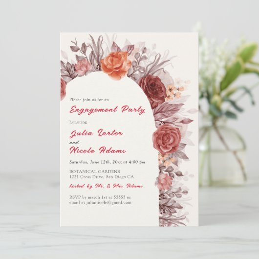 Bourgogne Roos Floral Pampas Grass Engagement Part Kaart (Staand voorkant)