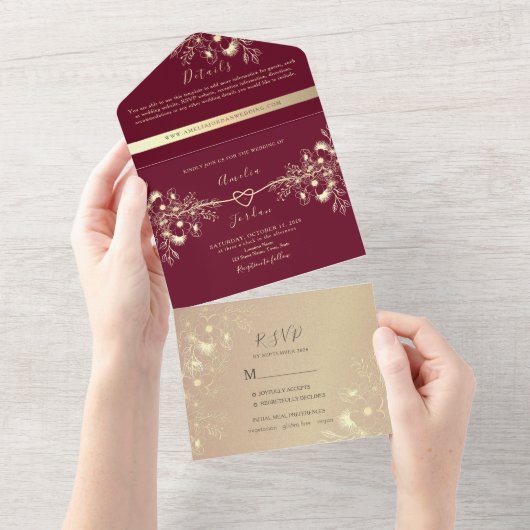 Bourgogne Roos Gold All-in-One Invitation All In One Uitnodiging (Afscheurbaar)