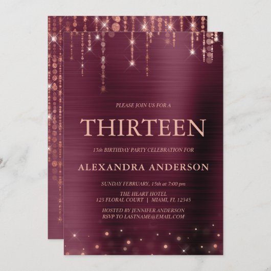 Bourgogne Roos Gold Dertien 13e Verjaardagsfeest Kaart (Voorkant / Achterkant)