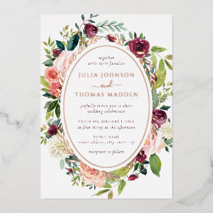 Bourgogne Roos Gouden Bloemen Foliage Wedding Folie Uitnodiging