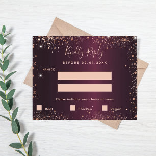 Bourgogne roos gouden glitter maaltijd RSVP kaart
