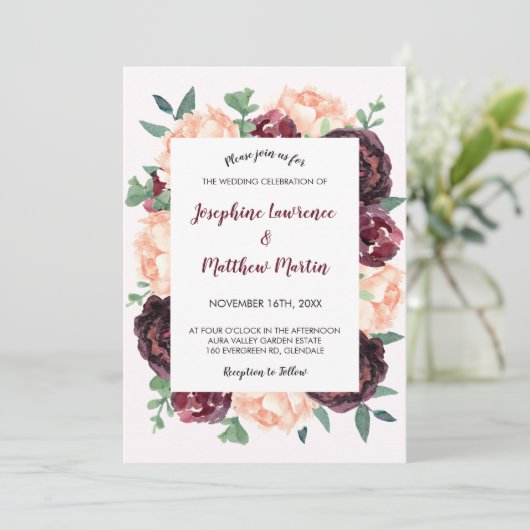 Bourgogne Roos Perzik Pioen Bloemenbruiloft Kaart (Staand voorkant)