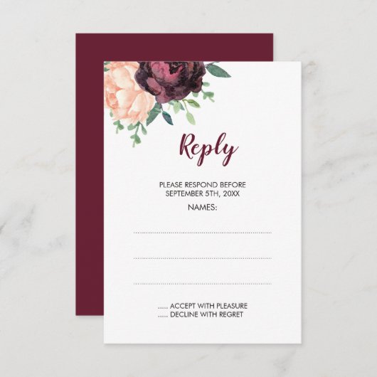 Bourgogne Roos Perzik Pioen Bruiloft Antwoord Kaar (Voorkant / Achterkant)