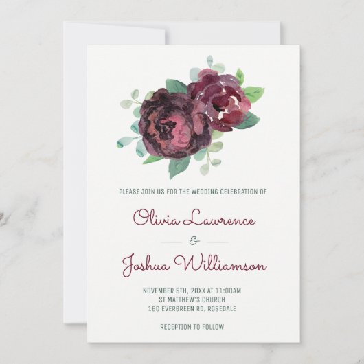 Bourgogne Rose Aquarelle Mariage Invitations (Devant)