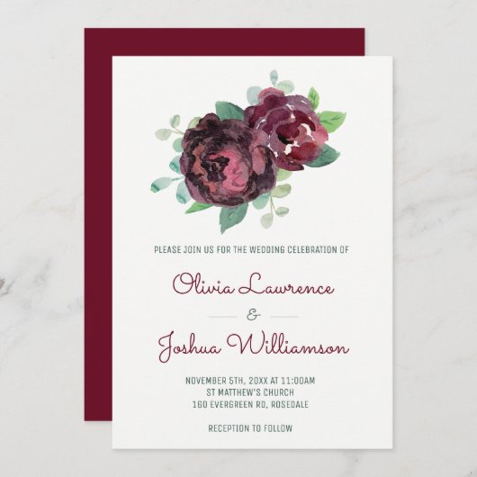 Bourgogne Rose Aquarelle Mariage Invitations (Devant / Derrière)