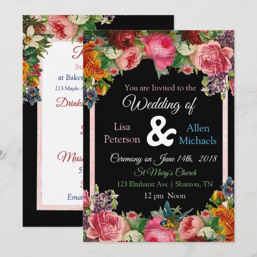 Bourgogne Rose Bird Floral Faire-part de mariage (Devant / Derrière)