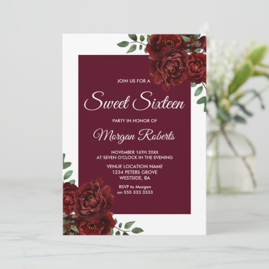 Bourgogne Rose Blanc Bordure Douce 16 Invitation (Debout devant)