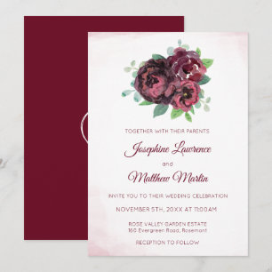 Bourgogne Rose Boeket Monogram Bruiloft Uitnodigin Kaart