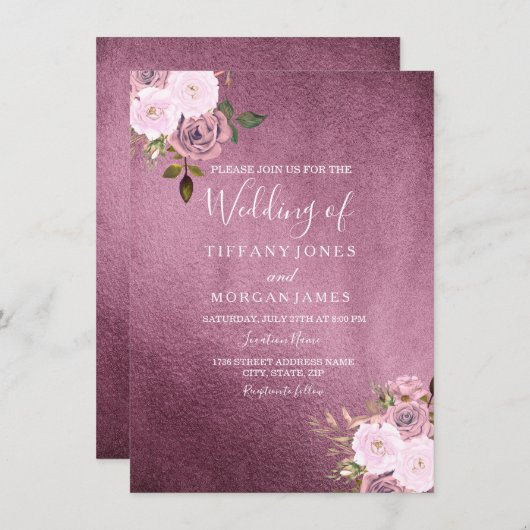 Bourgogne & Rose Gold Floral Wedding Invitation (Devant / Derrière)