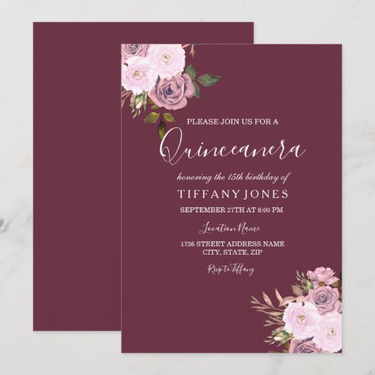 Bourgogne rose & Rose Gold Quinceanera Invitation (Devant / Derrière)
