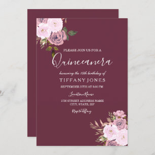 Bourgogne rose & Rose Gold Quinceanera Invitation