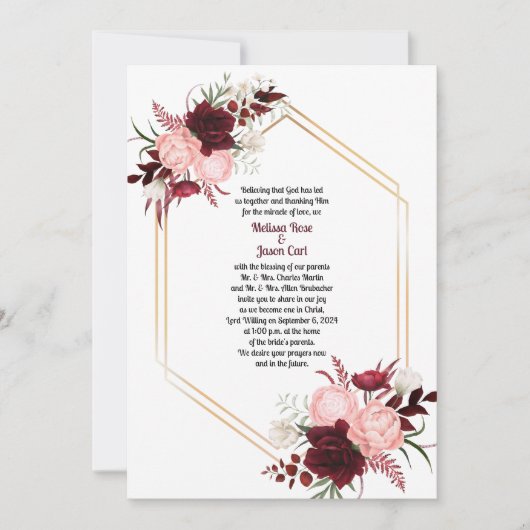 Bourgogne rose Roses Gold Frame Faire-part de mari (Devant)