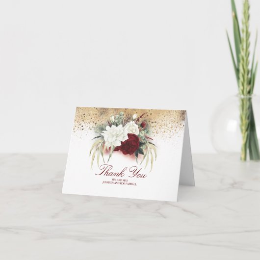 Bourgogne Rouge et Blanc Fleurs Mariage Merci (Devant)