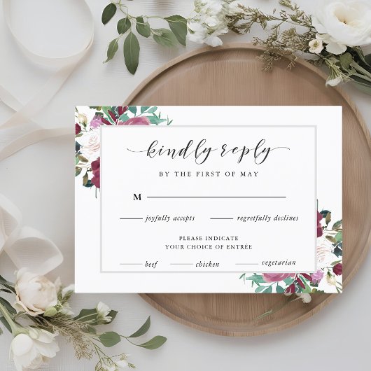 Bourgogne rouge fleurit Boho Wedding RSVP Meal Cho