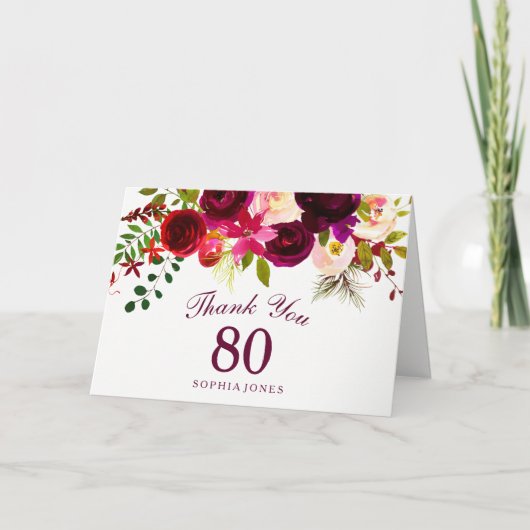 Bourgogne Rouge Floral Boho 80e anniversaire Merci (Devant)