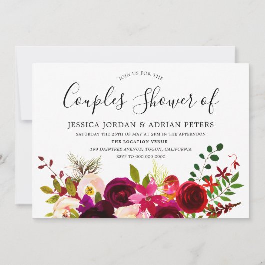 Bourgogne Rouge Floral Boho Couples Invitation de  (Devant)